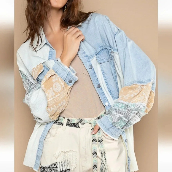New! POL Oversized Contrast Denim Ivory Fabric Panels Button Down Shacket S - Picture 2 of 13